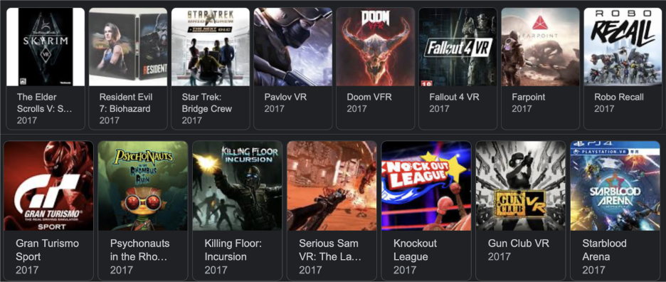 Popular VR Games class of 2017