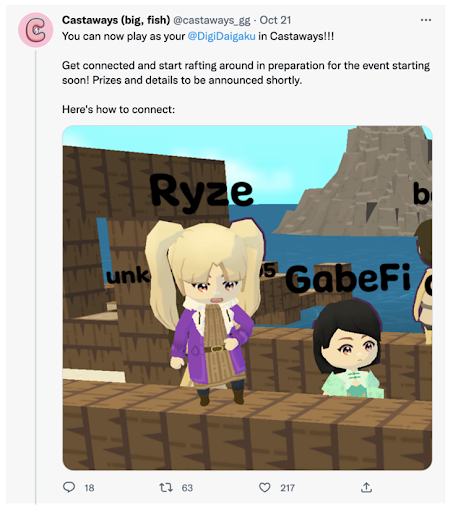An avatar designed for a DigiDaigakuNFT holder  inside the Castaways game.